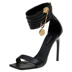 Versace Black Leather Medusa Safety Pin Ankle Cuff Sandals Stiletto Heels 37 / 7